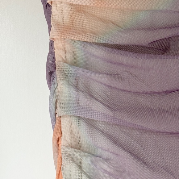 NEW | ZARA STRAPLESS MESH CORSET RUCHED MARBLED TIE DYE PASTEL BOHO MIDI DRESS - Picture 7 of 10